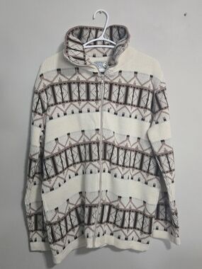 Vintage Sears Mens Cream Patterned Full-Zip Sweater Geometric 44 XXL